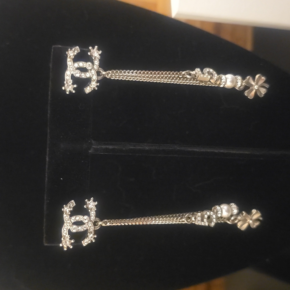 CHANEL Silver Drop Earrings with Pearl and Floral Details